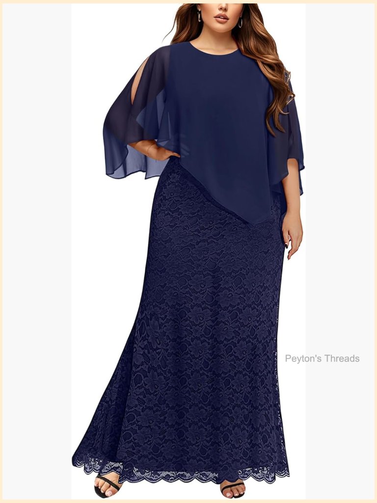 Plus Size Cape Dress With Chiffon Overlay Mermaid Evening Gown Lace Formal Long